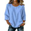 Blusa Top Casual para Mujer de Color Sólido, Cuello Redondo, Manga Tres Cuartos, Mezcla de Lino y Algodón, Corte Holgado, para Uso Diario