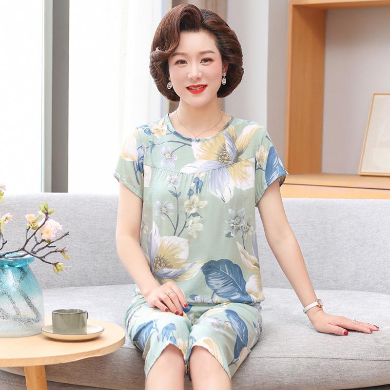 Pijamas de seda y algodón de verano para mujer: Conjunto holgado de dos piezas de manga corta para personas de mediana edad y mayores, talla grande, ideal para exteriores.