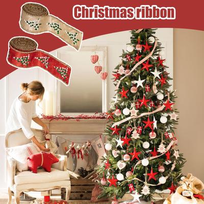 Wired Edge Christmas Ribbon 2 Rolls Wired Edge Tree Decoration Winter Holiday Wrapping Ribbon For Party Stairs Window Garden