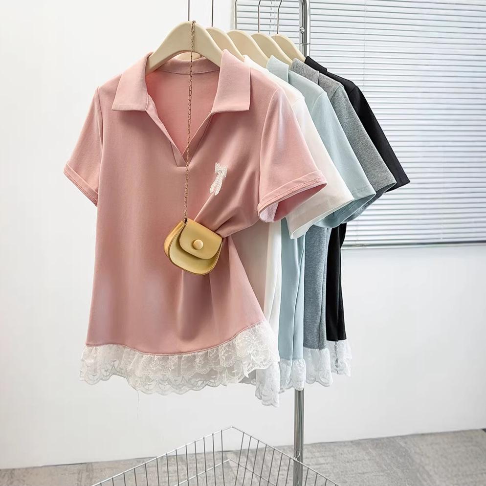 2026 Summer Plus Size Women s Polo Collar Lace Hem Bow Short Sleeve T-shirt L