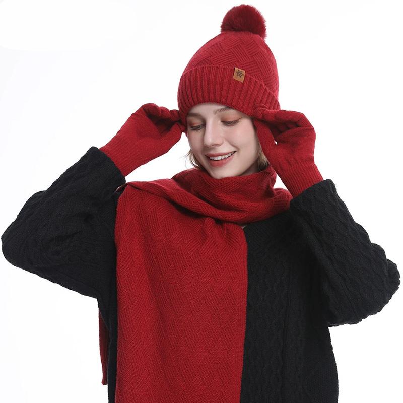 3pcs/set Hat Scarf For Women Gloves Set Outdoor Riding With Touch Screen Winter Pompom Hat Knit Beanie Fleece Lined