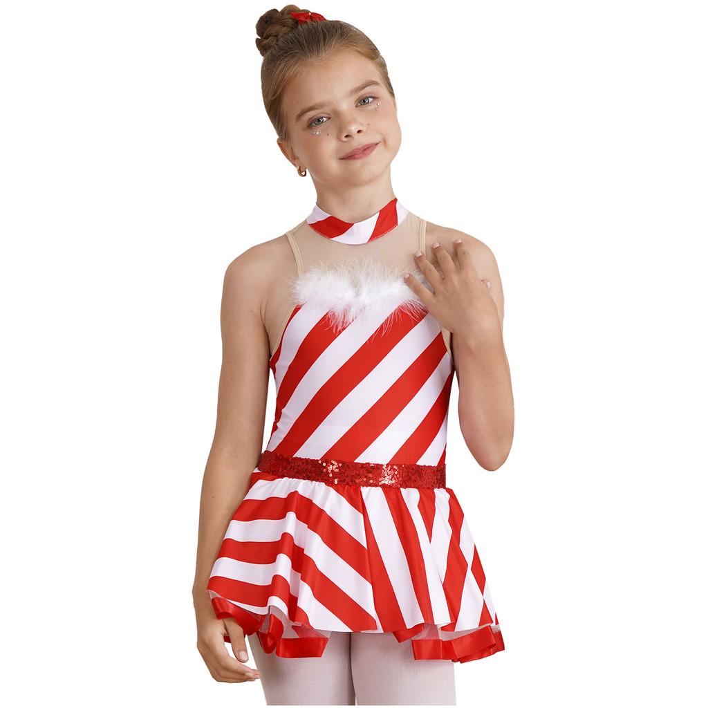 Girls Christmas Costume Sleeveless Mock Neck Keyhole Back Mesh Patchwork Stripes Print Dress