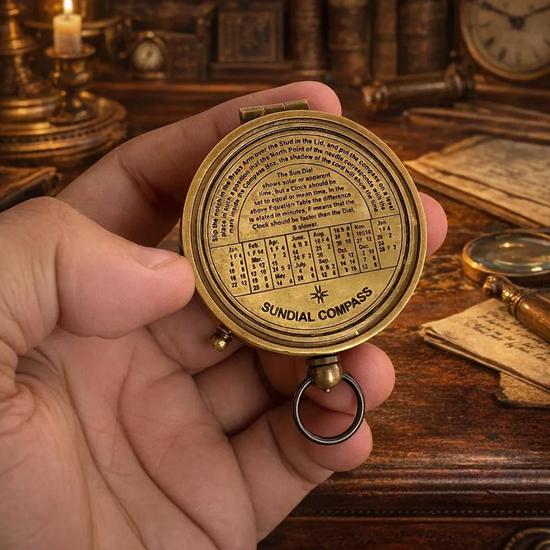 Handmade Antique Brass Sundial Compass with Leather Case Pocket Compass Gift for Him
