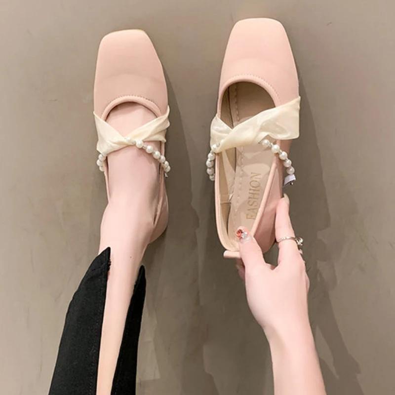 Fashion Square Toe Pink Pearl Ladies Footwear Comfortable and Elegant Stylish On Promotion Low Price Casual 39 Sale Women's Flat Shoes