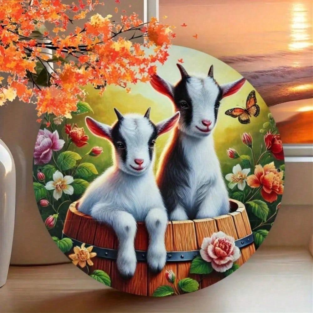 Round Tin Sign Goat Farmhouse Wall Art UV Resistant Waterproof Home Decor For Garden Cafe