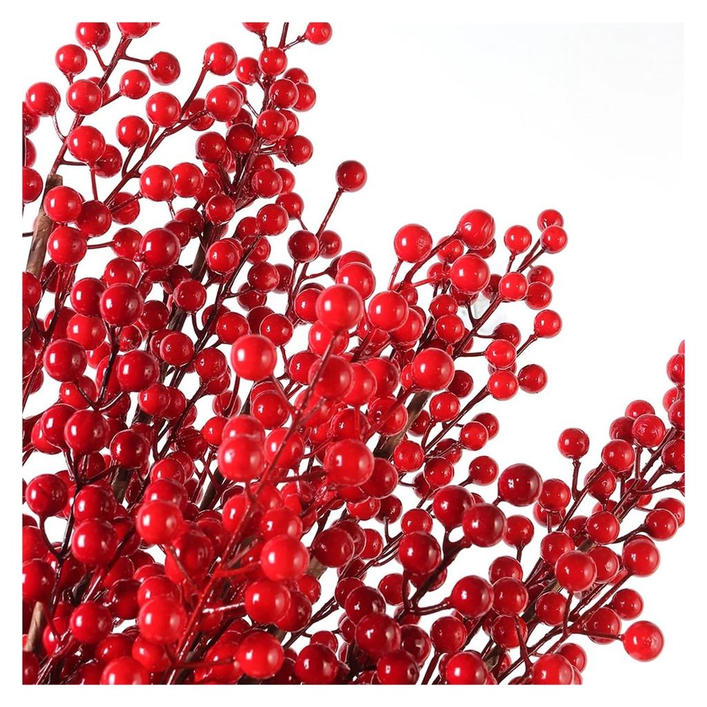 Red Berries, Artificial Red With Stem 3 Branches Holly Berries Simulation Fake Flower
