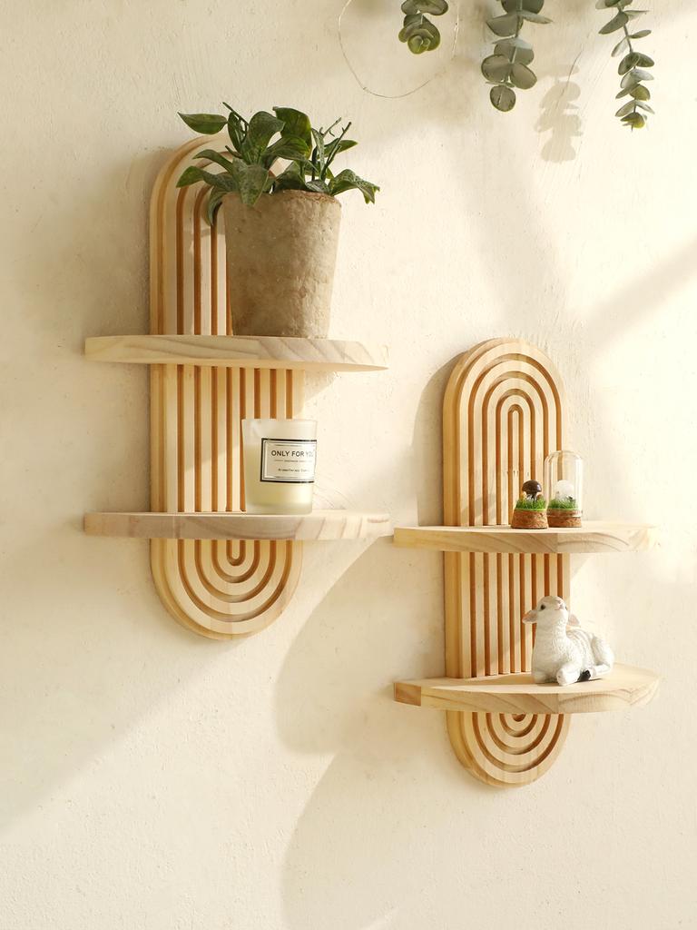 1,2-Tier Boho Style Wooden Wall Shelves-Geometric Wall Mounted Shelves, Natural Wood Finish, Modern Home Decor, Plant Decorative