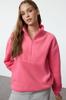 Women's Fashionable Stylish Sweatshirt Emerald Green Zipper Detailed Fleece Knitted Sweatshirt