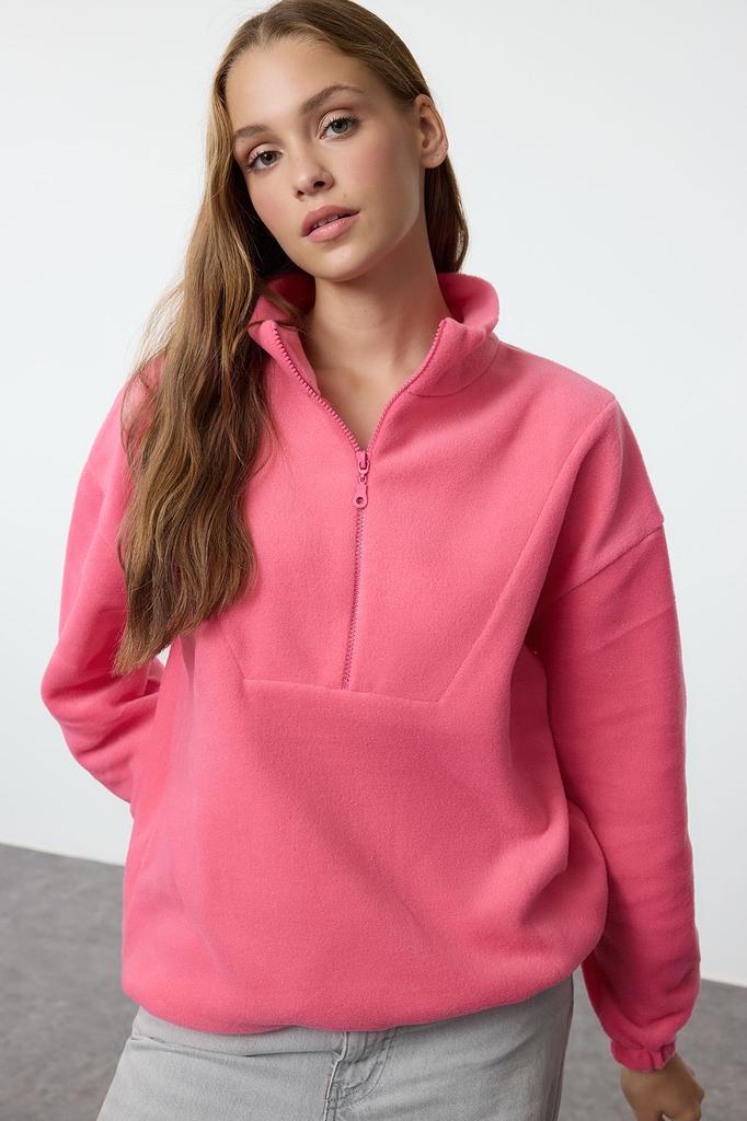 Women's Fashionable Stylish Sweatshirt Emerald Green Zipper Detailed Fleece Knitted Sweatshirt