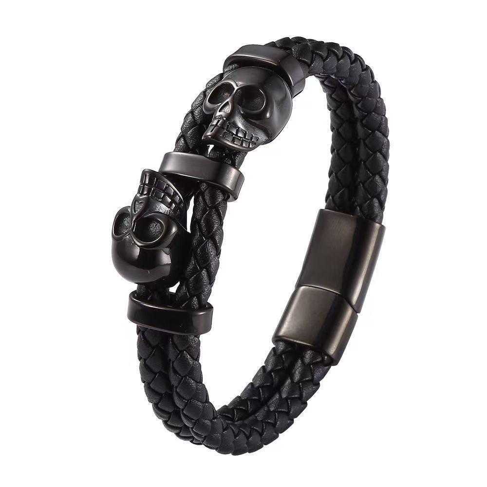 Multi-layer Leather Braided Bracelets Unique Magnetic Hand Chain Individuality Skull Wristband  Men