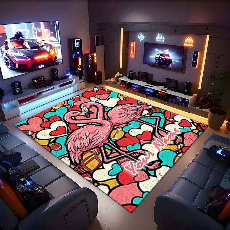 1PC Custom Name Flamingo Love Heart Theme Floor Mat Ideal for Living Room, Game Rooms, Office, Bedroom,Floor Mat Playful Design