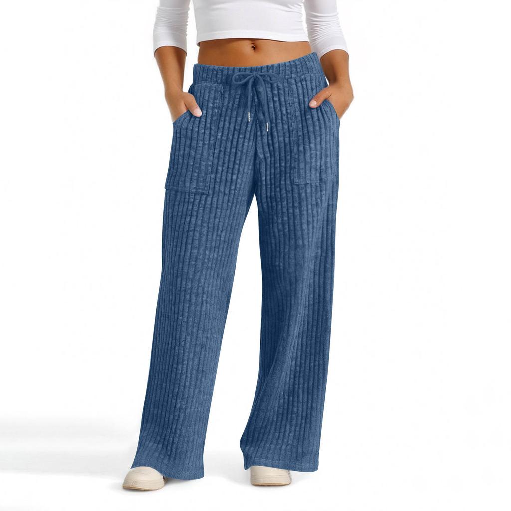 Women's Wide Leg Lounge Pants with Drawstring Waist, Soft Ribbed Knit Casual Relaxed Fit Trousers with Pockets