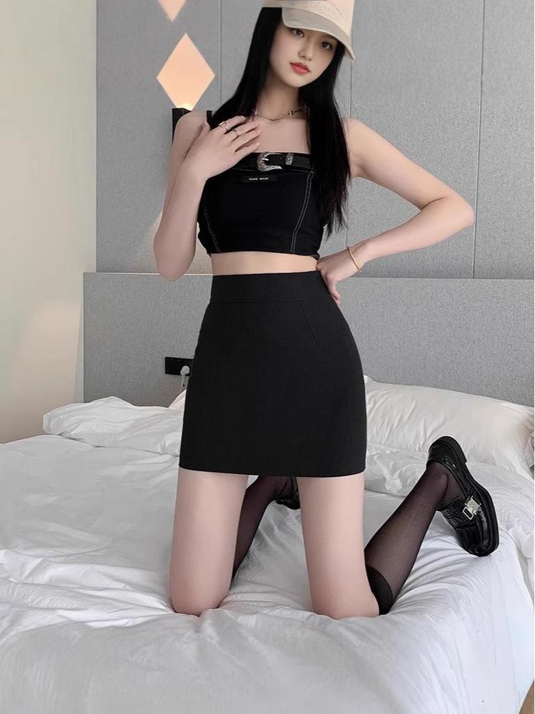 High Waist Grey A-Line Midi Skirt for Women - Petite Fit, Bodycon Style, Summer Wear, Anti-Exposure Design