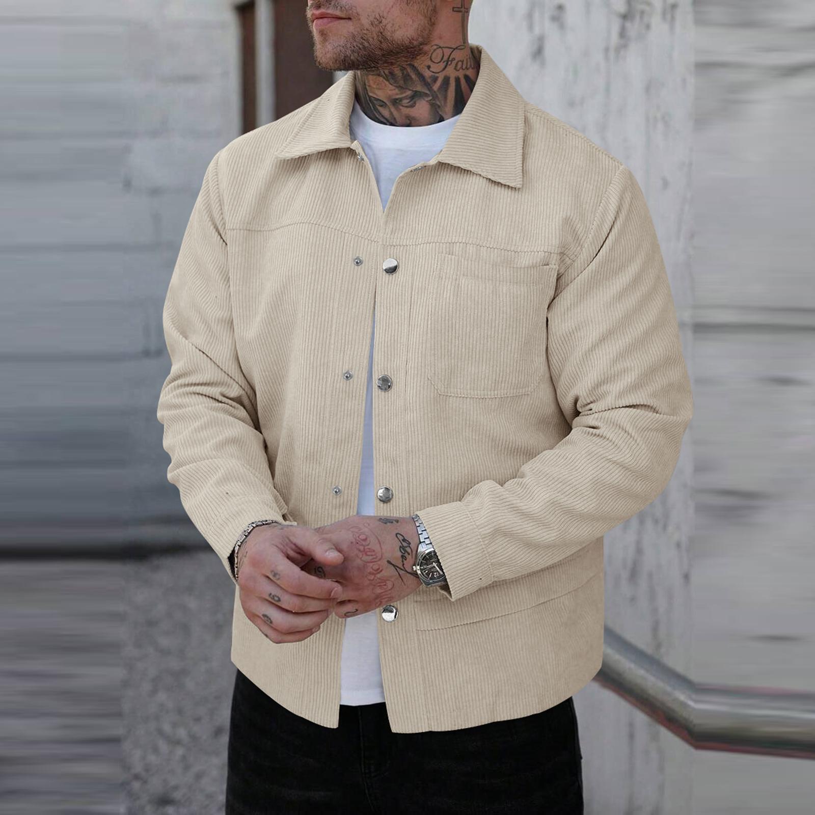 

Мужские вельветовые рубашки на пуговицах, повседневная куртка-шакет с длинным рукавом и накладными карманами L