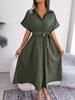 Summer Casual Loose Solid Color Tie-Up Long Shirt Dress for Women