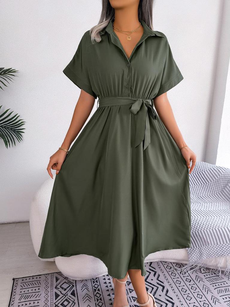 Summer Casual Loose Solid Color Tie-Up Long Shirt Dress for Women