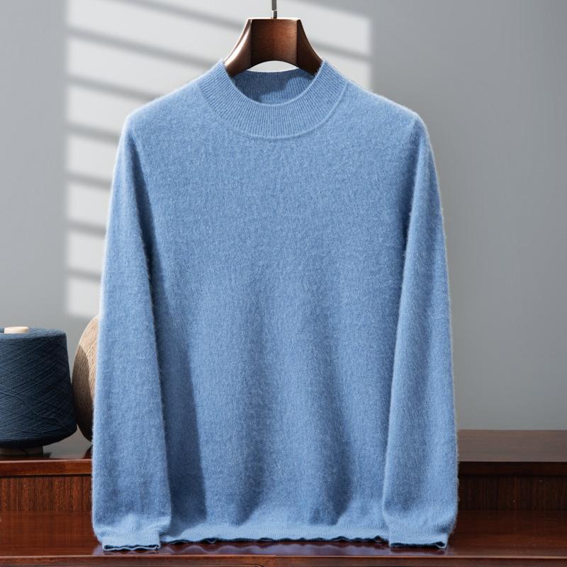 Men's 100% Pure Cashmere Double-Layer Sweater, Semi-High Neck, 2025 Autumn/Winter Thick Knit Base Layer