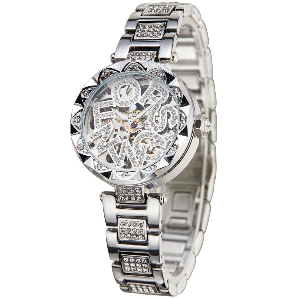 FORSINING Women's Iced Out Hollow Mechanical Watch Shiny Crystal Letter Dial Stainless Steel Bracelet Automatic Wristwatch