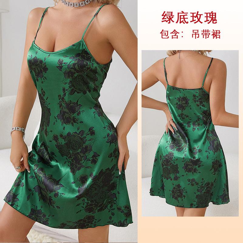 Simulation silk printing women s pajamas sexy sex suspender nightgown homewear S