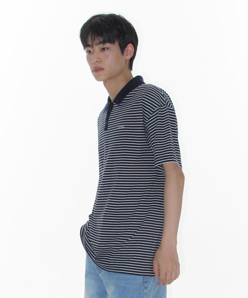 AMES-WORLDWIDE Basic Stripe Collar Tee Navy