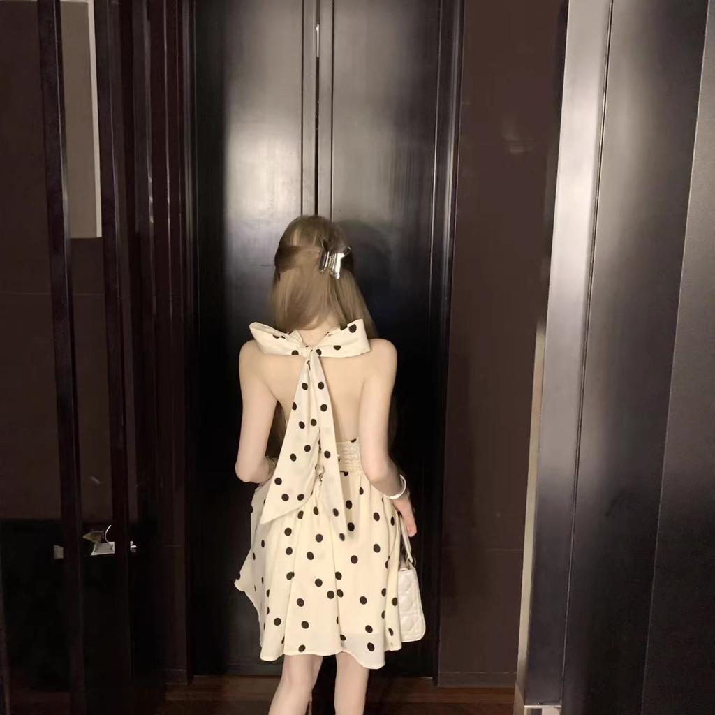 Bow Strap Backless Polka Dot Neck Dress Summer New Sweet and Spicy Waist and Thin Temperament a Word Short Skirt
