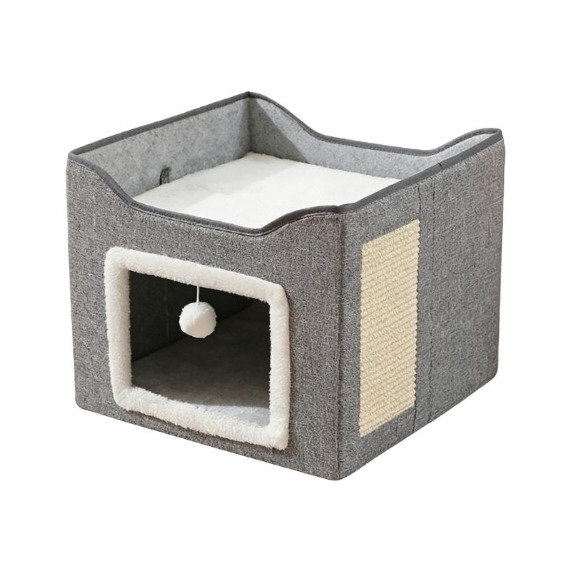 Double Layer Cats Cave Bed with Scratching Pad Foldable Design Space Saving Cats Shelter House for Indoor Habitats