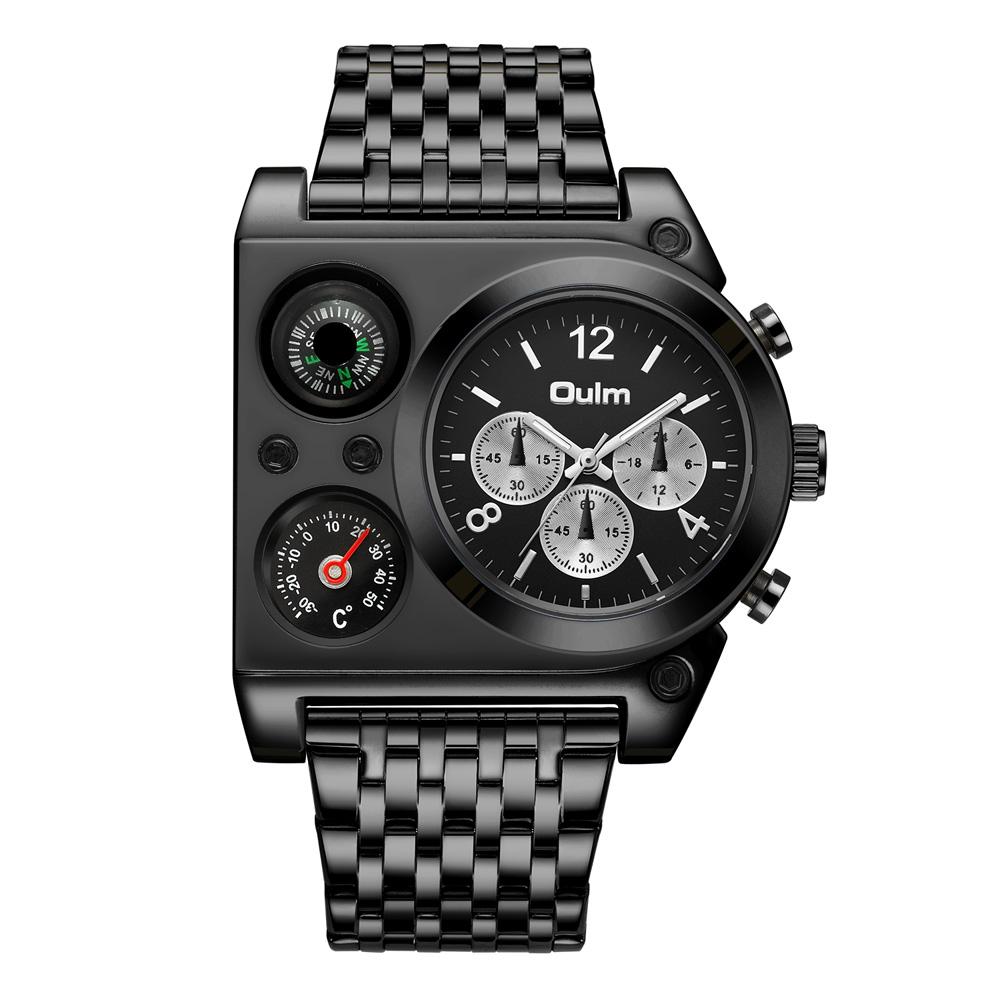 OULM-9315A Military Watch compass Temperature Display Movement Three Time Clock Big Dial Quartz Men WristWatch relogio masculino