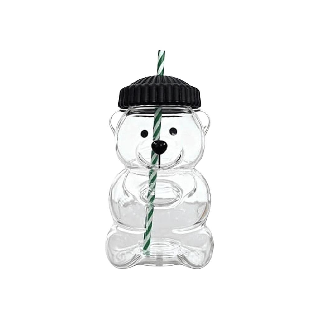 Bear-Shaped Glass Straw Cup: Cute Transparent Design, Green Hat Water Cup