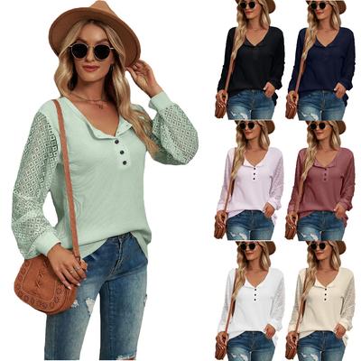 2024 Europäischer und Amerikanischer Herbst/Winter Neu Waffel Grace Spleißen Langarm Knopf T-Shirt Top für Damen