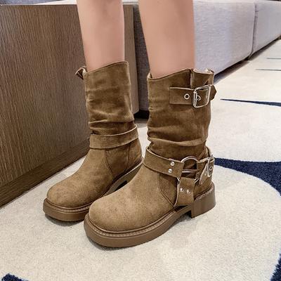 Vintage Damen Western Cowboy Stiefel mit dickem Absatz Herbst Winter Damenschuhe Gürtelschnalle Elegant Mittelhohe Wadenstiefeletten