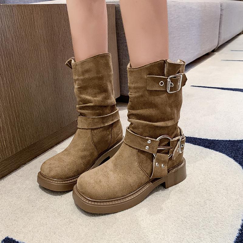 Fashion Vintage Thick Heel Women Western Cowboy Boots Autumn Winter Ladies Shoes Belt Buckle Elegant Mid Calf Booties