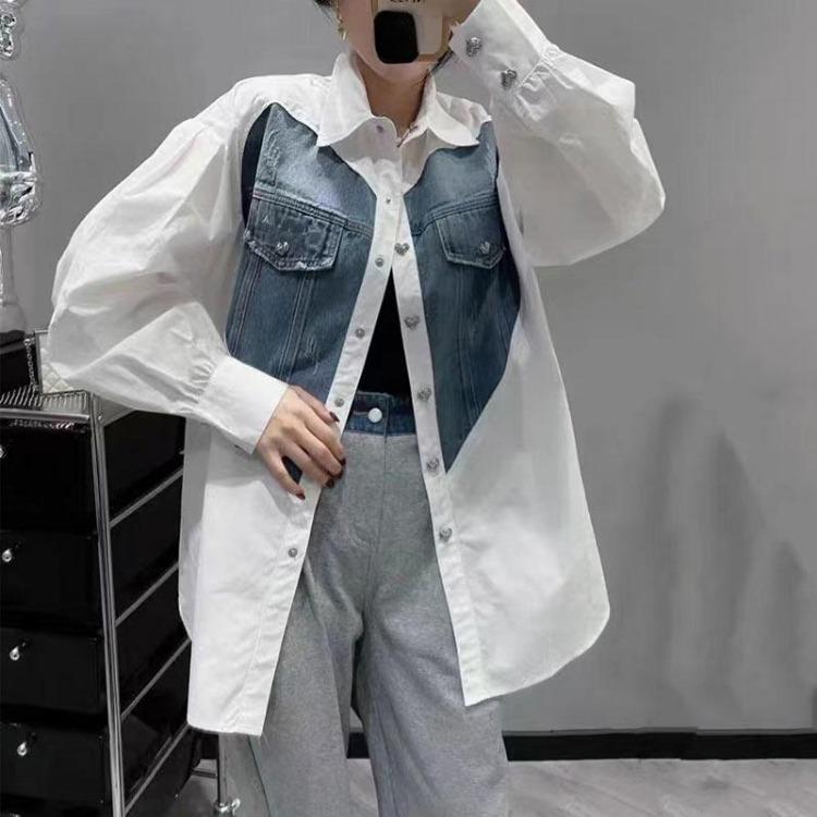 

Women Loose Casual Denim Patchwork Blouse Spring Style Long Sleeve Shirt Buttons One Size білий