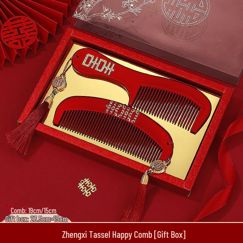 Double Happiness Red Wood Bride Gift Set: Mirror & Comb Collection