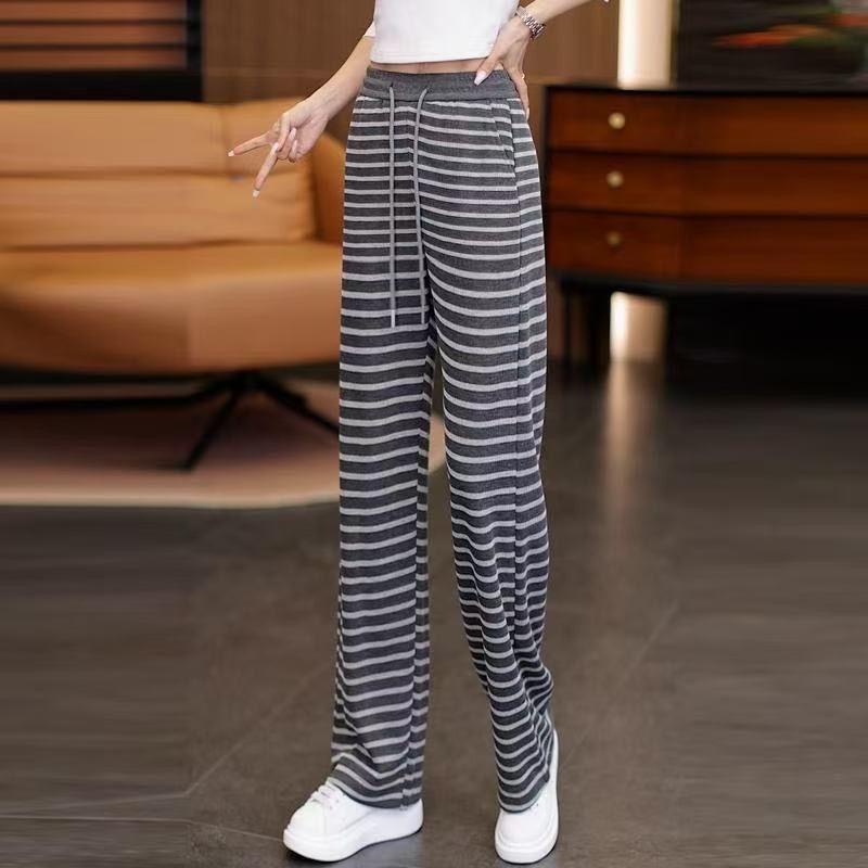 Women's Casual Striped Wide Leg Pants with Drawstring Elastic High Waist Loose Straight Leg Pants