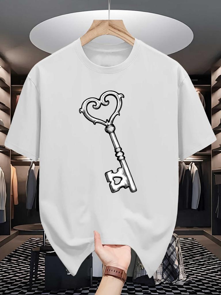 Unisex Crew Neck Tee Vintage Heart Key Retro Art Graphic Print Soft Cotton Loose Short Sleeve Summer Casual Male Streetwear Tops
