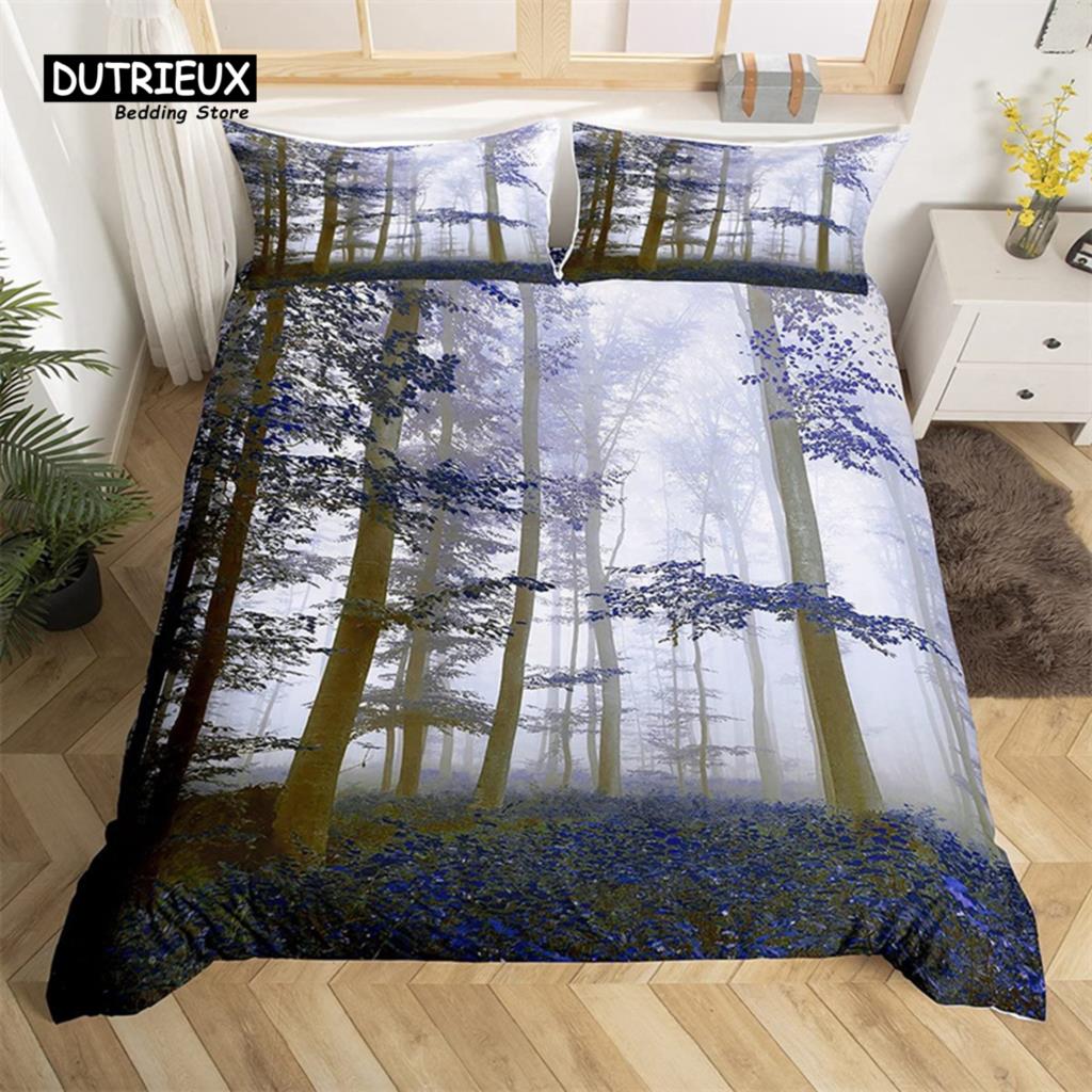 Dense Birch Trees with Red Leaves Duvet Cover Tree Lush King Bedding Set Polyester Jungle Nature Botanical Print Comforter Cover