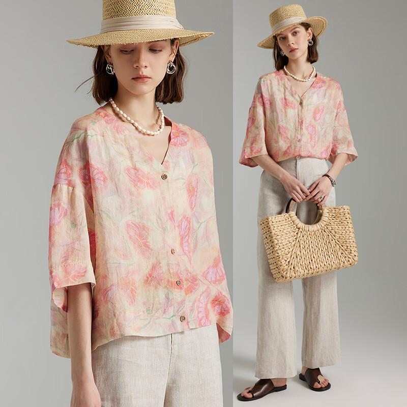 Women s Ramie Vintage Floral V-Neck Mid-Sleeve Cardigan Shirt L