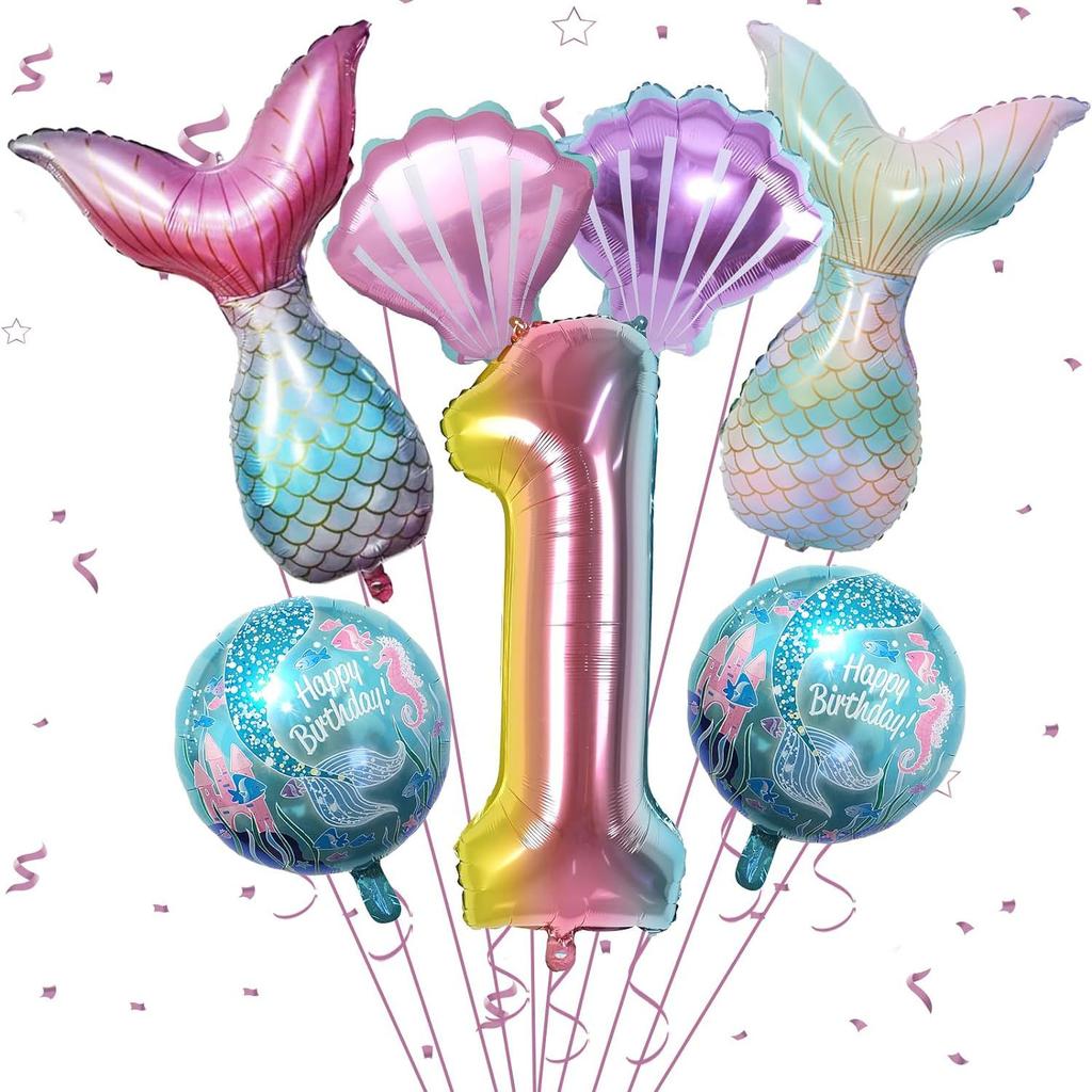 Meerjungfrauen-Mottoparty-Dekorationen Helium-Folienballons Schwanzdesigns Regenbogen-Zahlen Muschel-Akzente für Kindergeburtstag Babyparty