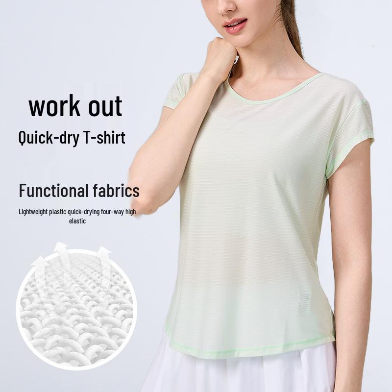 Damen Schnelltrocknendes Schlankmachendes Yoga-T-Shirt: Lockeres, kurzärmeliges Fitness-Überteil