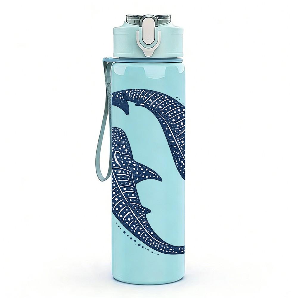 1PC Two Shark Ocean Animal Print 750ml Color Plastic Sports Water Bottle Leakproof Flip Straw Lid Suitable for Sports Office Home Use