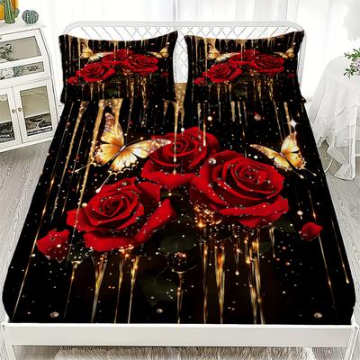 3pcs Red Black Soft Fitted Sheet Roses 3D Print Romantic Floral For Girls Couples 100% Polyester Flat Sheet With 2 Pillowcases
