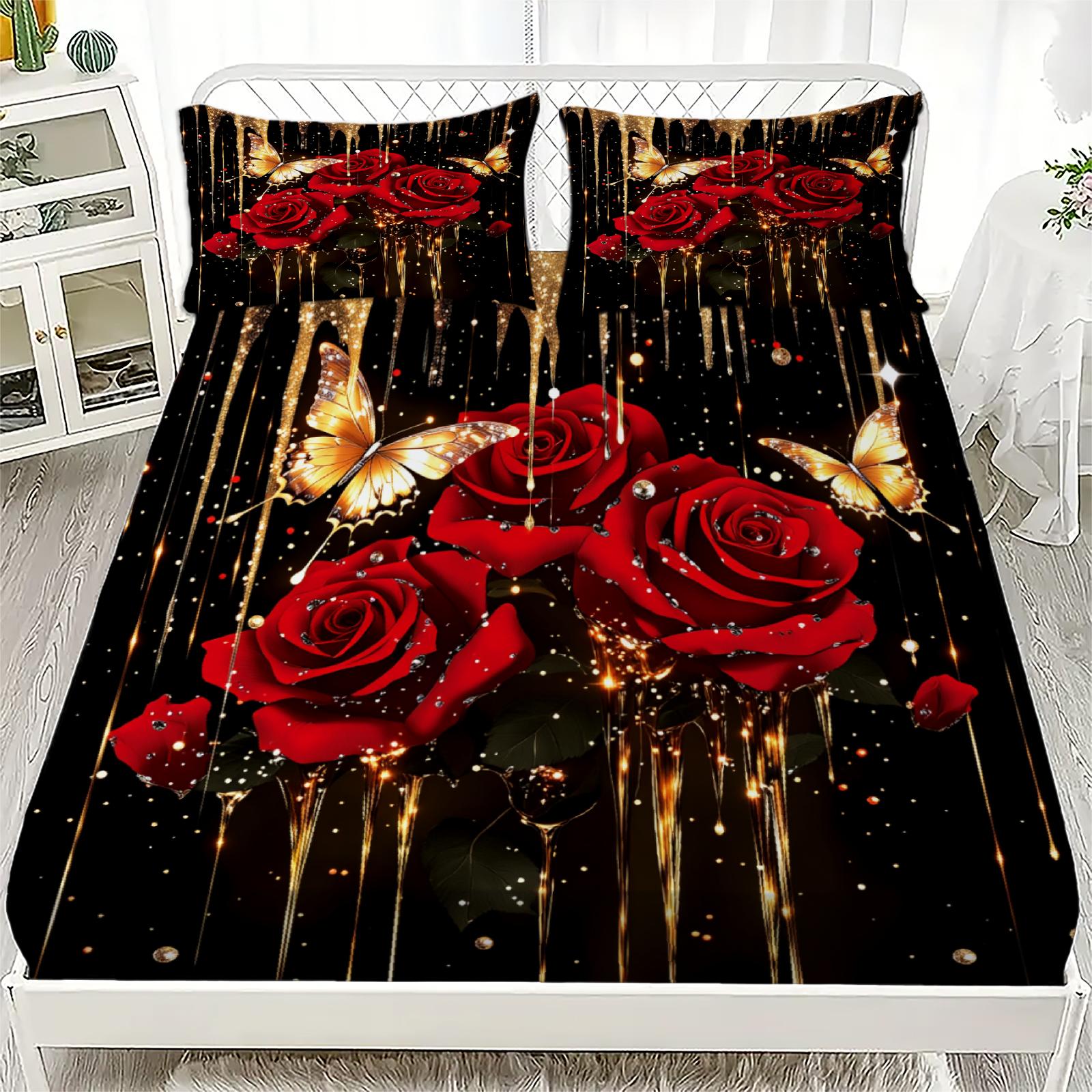 

3pcs Red Black Soft Fitted Sheet Roses 3D Print Romantic Floral For Girls Couples 100% Polyester Flat Sheet With 2 Pillowcases 160x200x25cm