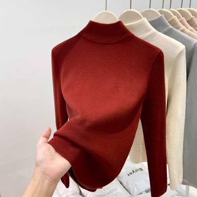 Angola Red Knitted Bottoming Shirt Women's Autumn and Winter Semi-turtleneck Slim-fitting Top Soft Waxy Sweater