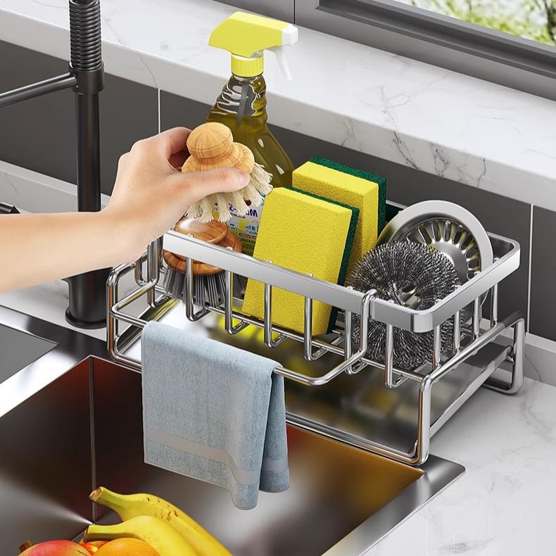 Neues Küchenspülen-Aufbewahrungsregal, 304 Edelstahl Badezimmer Toiletten-Aufbewahrungsregal, Wasserhahn-Schwammhalter, Aufbewahrungsregal Spülen-Organizer, Abtropfgestell