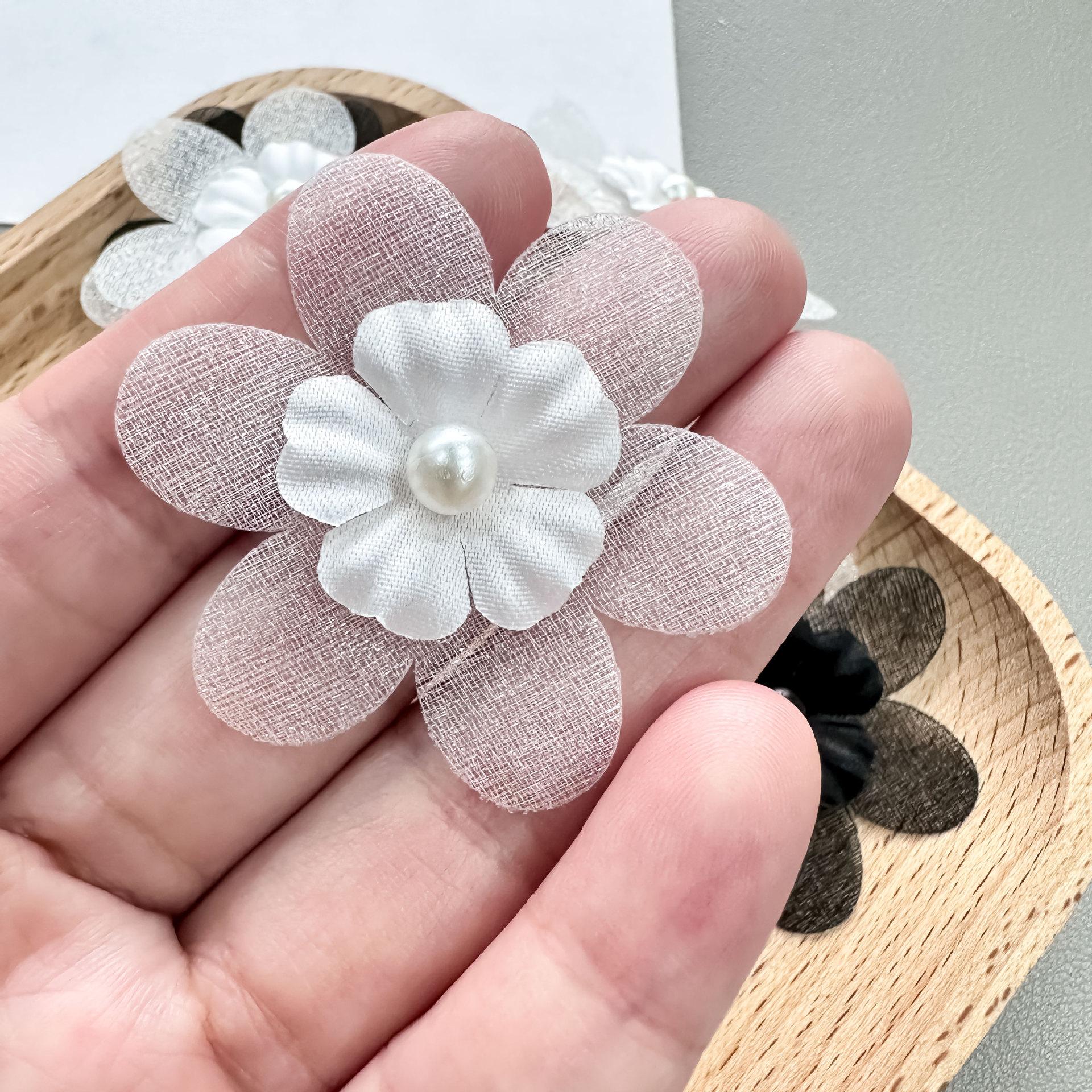 

Crystal Gauze Three-Dimensional Shaped Flower Piece Double-Layer Bead Flower Diy Clothing Accessories Patch Decorative Flower six-leaf yarn + 4 white beads