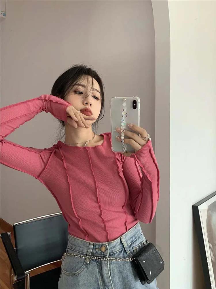 Camisetas de manga larga para mujer, camisetas de primavera lisas con cuello redondo, decoración de línea brillante elegante, camisetas informales suaves y suaves de alta calidad para mujer