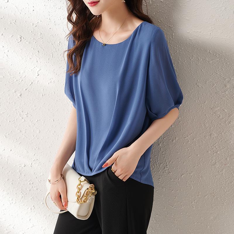 

Женская шифоновая блузка с коротким рукавом 2023 года — легкая, облегающая, свободного кроя Large синий