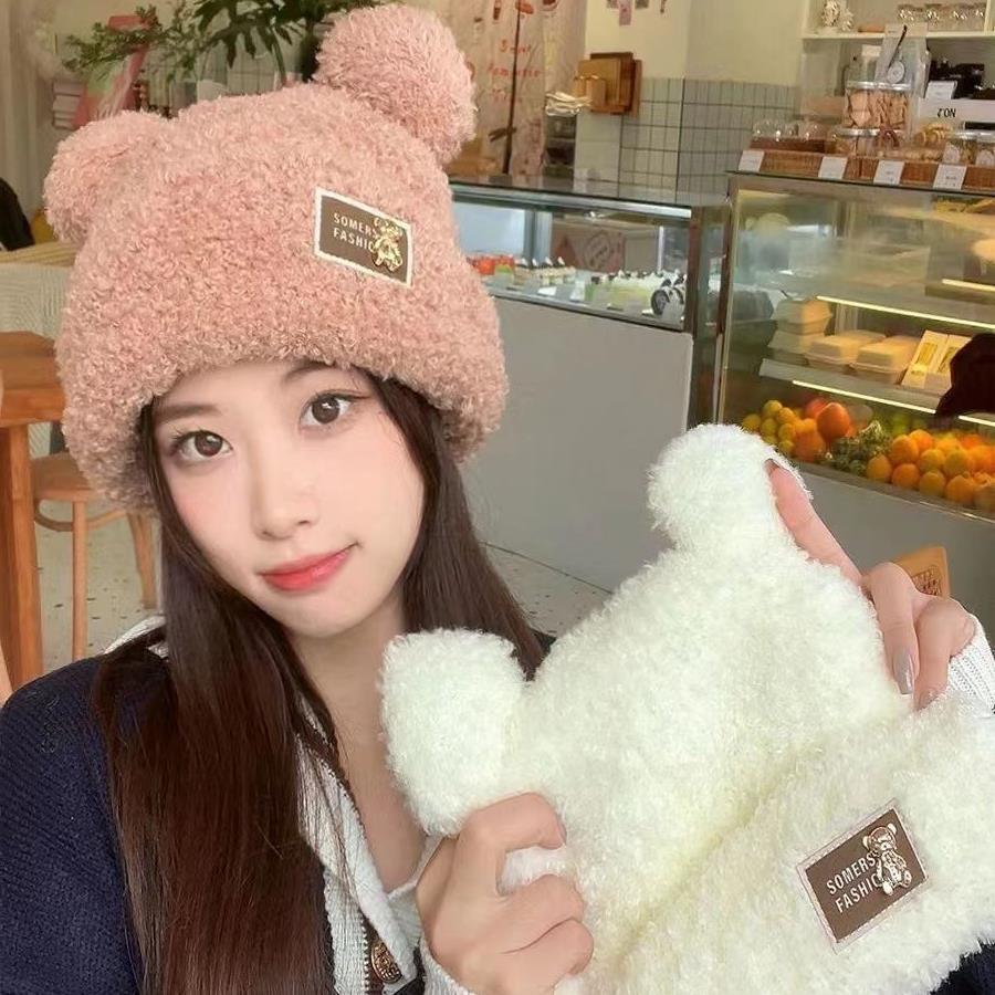 

Fleece-lined Korean-style bear hat for women, niche autumn and winter teddy wool hat, thick fleece cute women s ear-knitted hat for cold weather белый