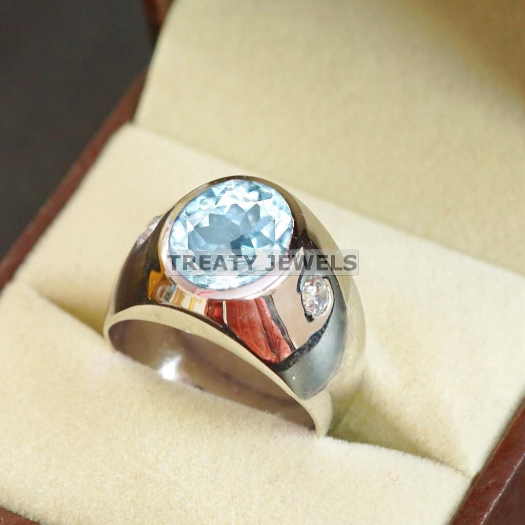 Aquamarine Oval Cut Gemstone With 925 Sterling Silver Ring For Men's #A735 JL375659036953