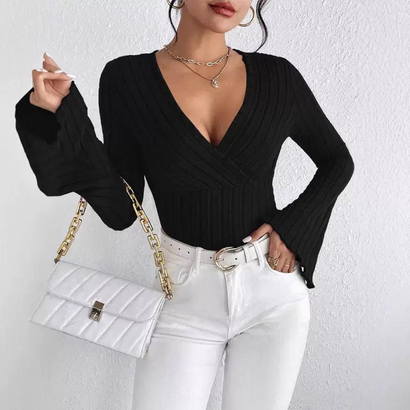Women's Elegant Knitted Ribbed V-Neck Bell Sleeve Design T-Shirt Top
